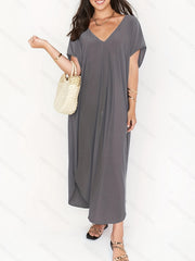 Dark Gray V Neck High Strech Beach Dress Short Sleeve Cover Up Women's Swimwear