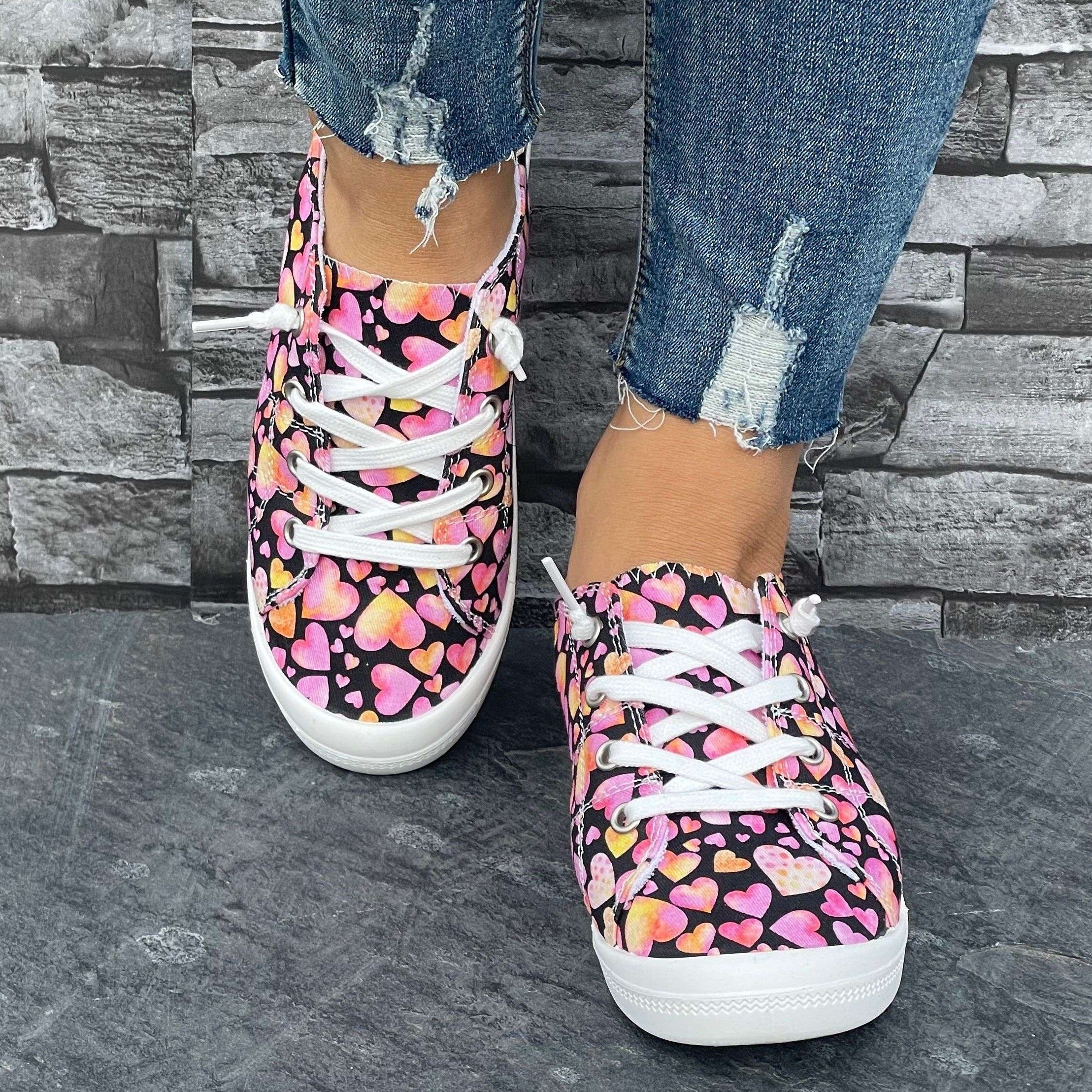 Love Heart Pattern Flat Shoes Slip On Casual Lightweight Soft Comfortable Walkin