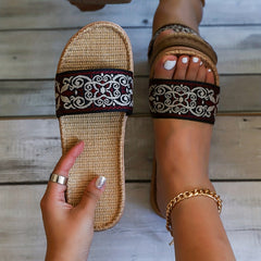 Women's Linen Slides Floral Pattern Non Slip Shoes
