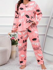 Kiss & Heart Print Tee & Pants Pajamas Lounge Set