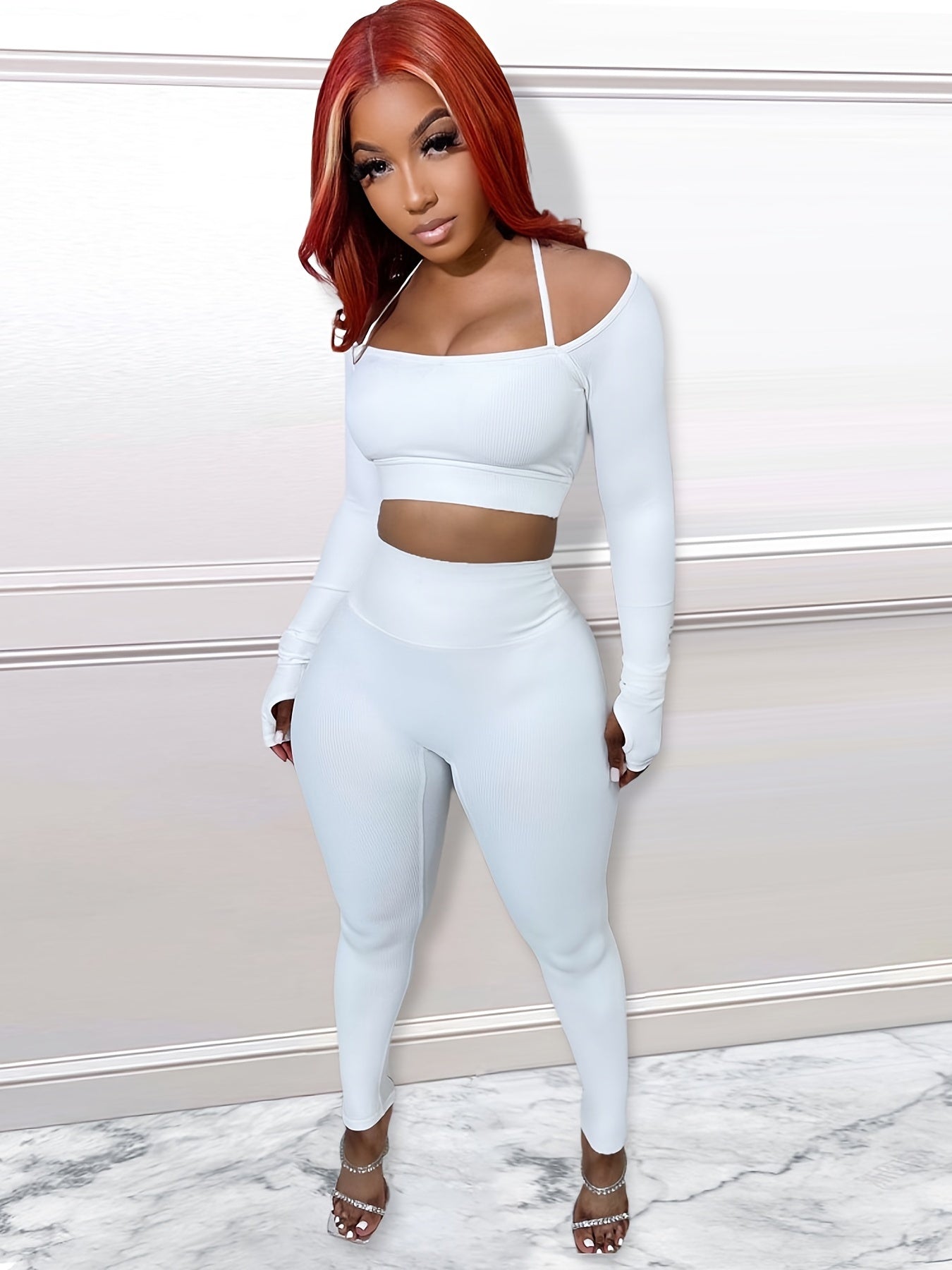 Solid Halter Neck Off Shoulder Shirt & Pencil Pants Set Plus Size