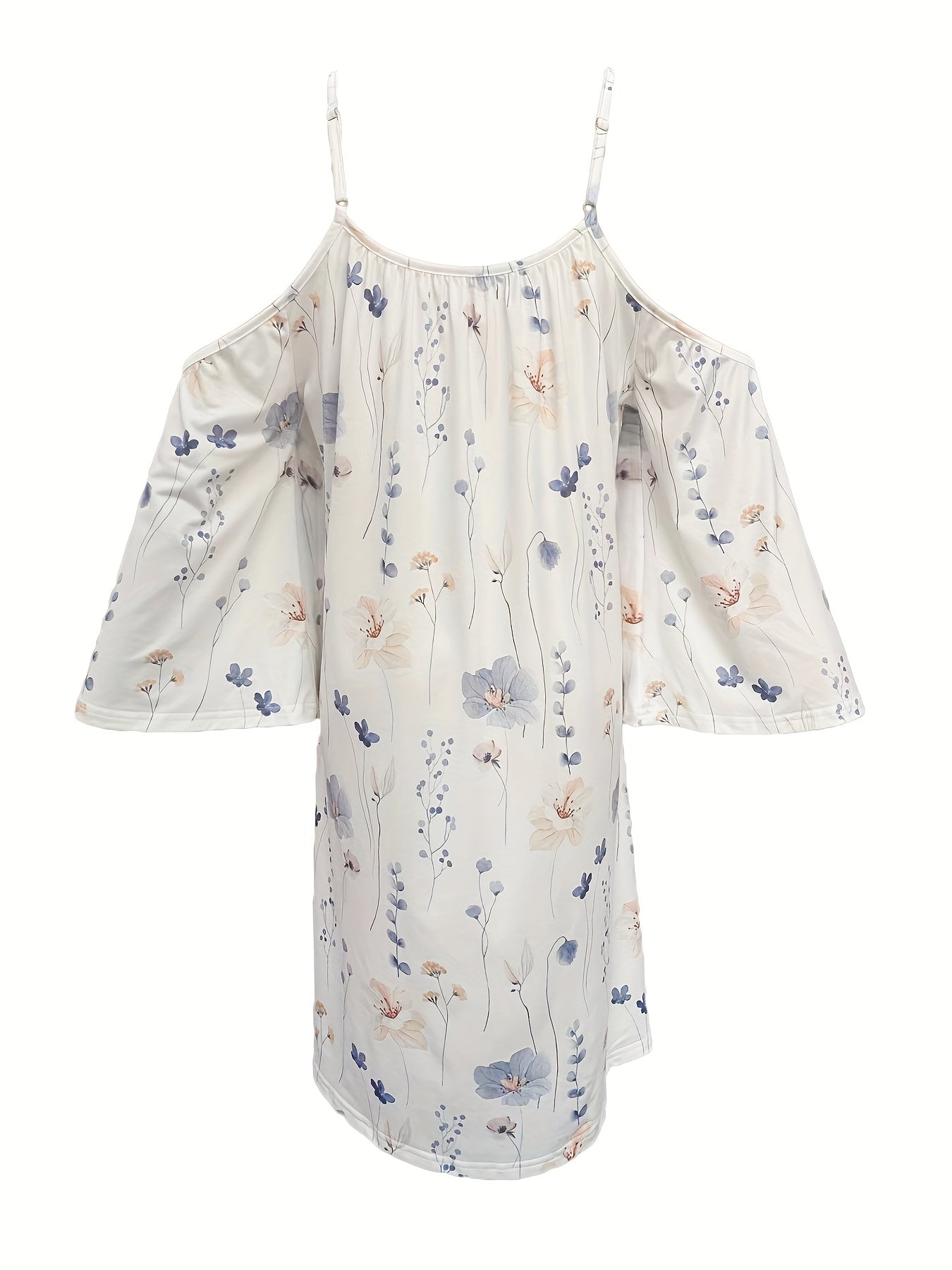 Floral Print Cold Shoulder Dress Casual Flared Sleeve Spaghetti Strap Dress