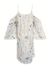 Floral Print Cold Shoulder Dress Casual Flared Sleeve Spaghetti Strap Dress