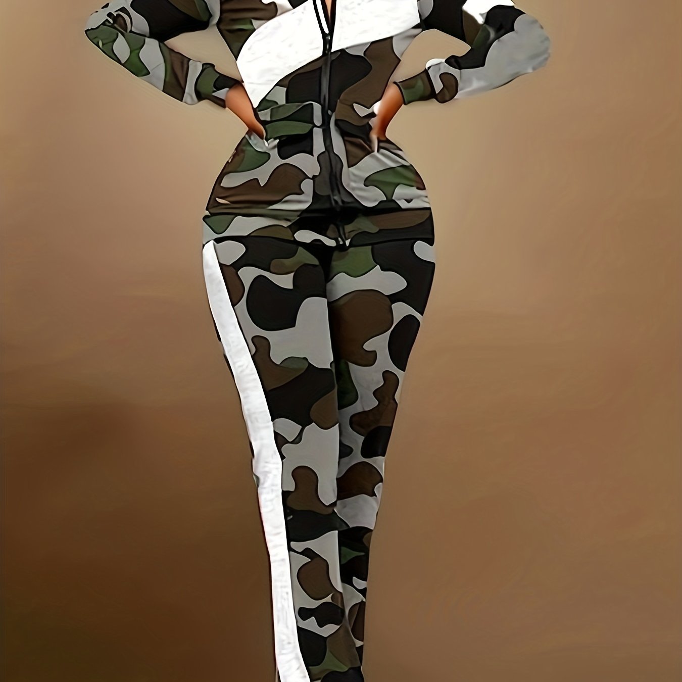 Women's Plus Colorblock Camo Zip Up Mock Neck Coat & Elastic Pants Set