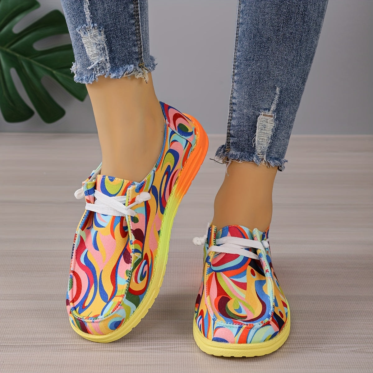 Women's Abstract Canvas Shoes Round Toe Low Top Slip On Sneakers