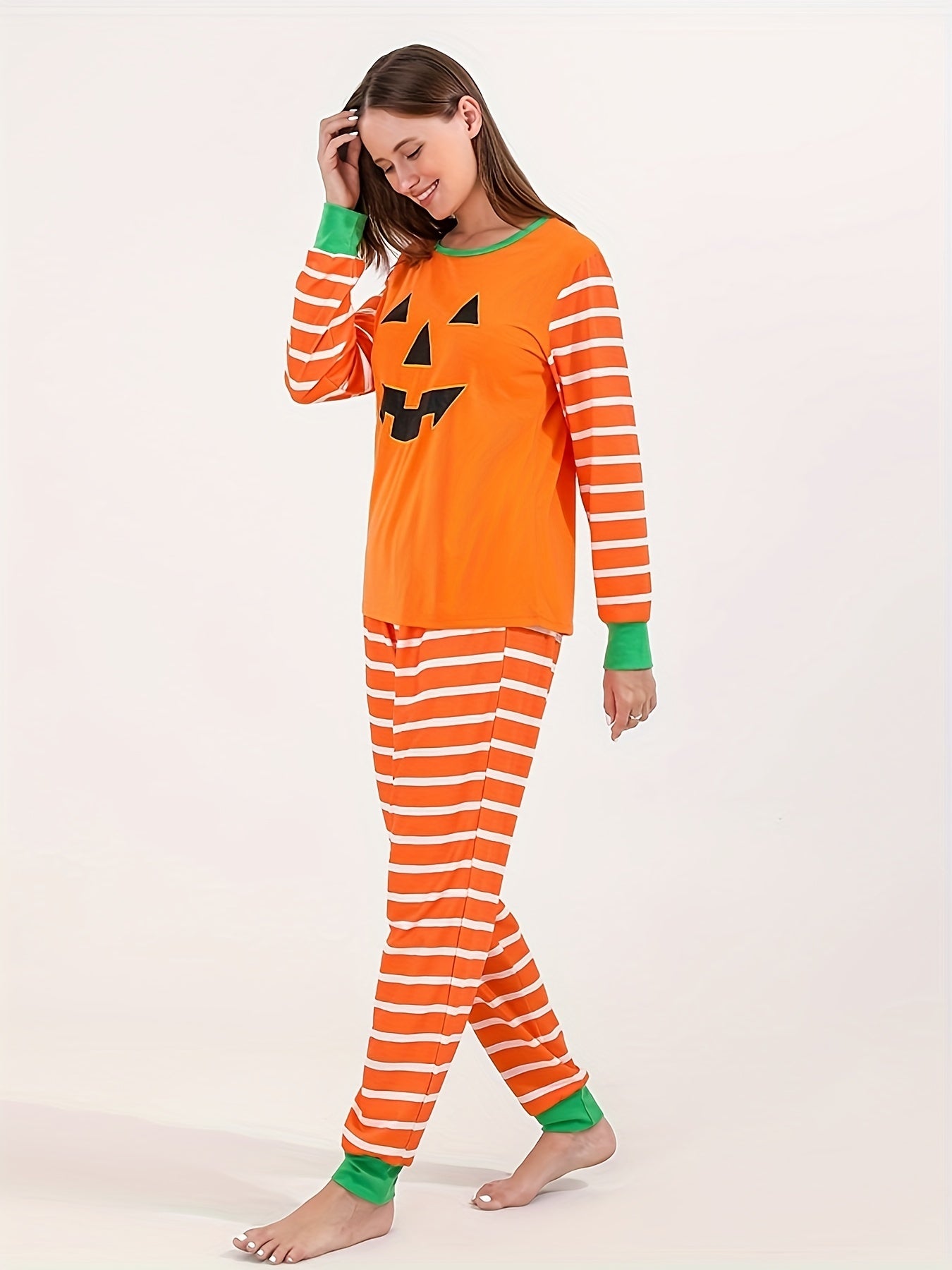 Pumpkin Print Halloween Pajama Set Long Sleeve Crew Neck Top & Striped Pants