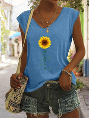 Sunflower & Letter Print V Neck Tank Top Summer Sleeveless Tank