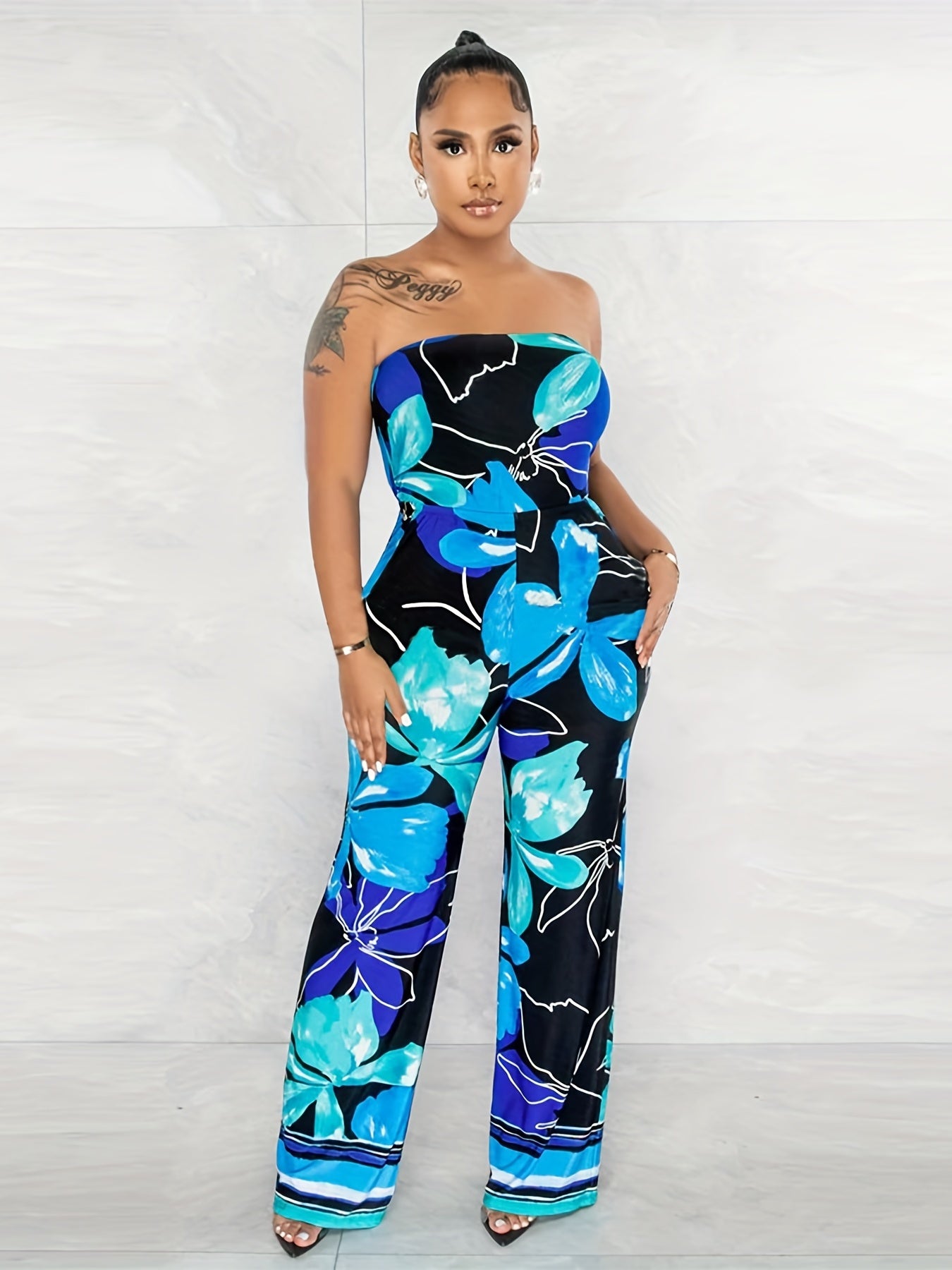 Tropical Floral Print Tube Jumpsuit Off Shoulder Summer Wide Leg Jumpsuit