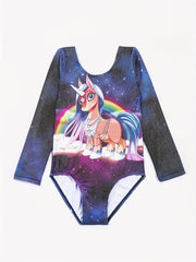 Girls Pony Graphic Print Long Sleeve Gymnastics Leotard