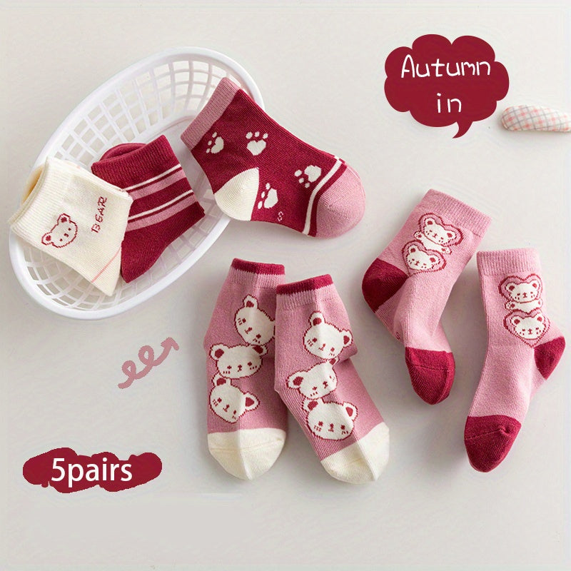 Girls Pink Bear Pattern Princess Socks, Set of 5