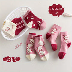 Girls Pink Bear Pattern Princess Socks, Set of 5