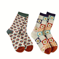 Girls Kids Checkered Small Flower Crew Socks