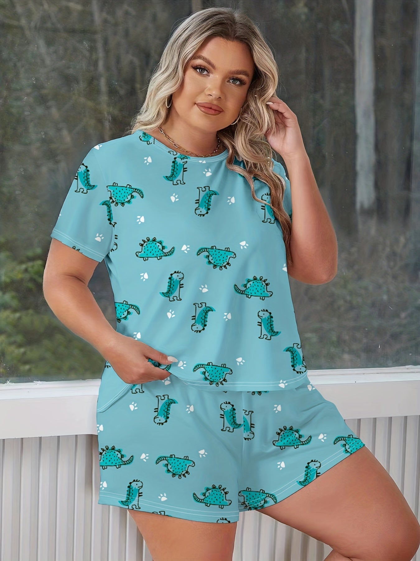 Plus Dinosaur Print Tee & Pants Set Women's Plus Size Loungewear 2pcs Set