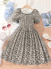 Girls Floral Print Square Neck Casual Dress for Summer