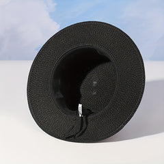 M Label Strap Sun Hat Flat Top Straw Jazz Hat British Style Vintage
