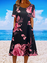 Women's Plus Floral Print Short Sleeve Round Neck Dress