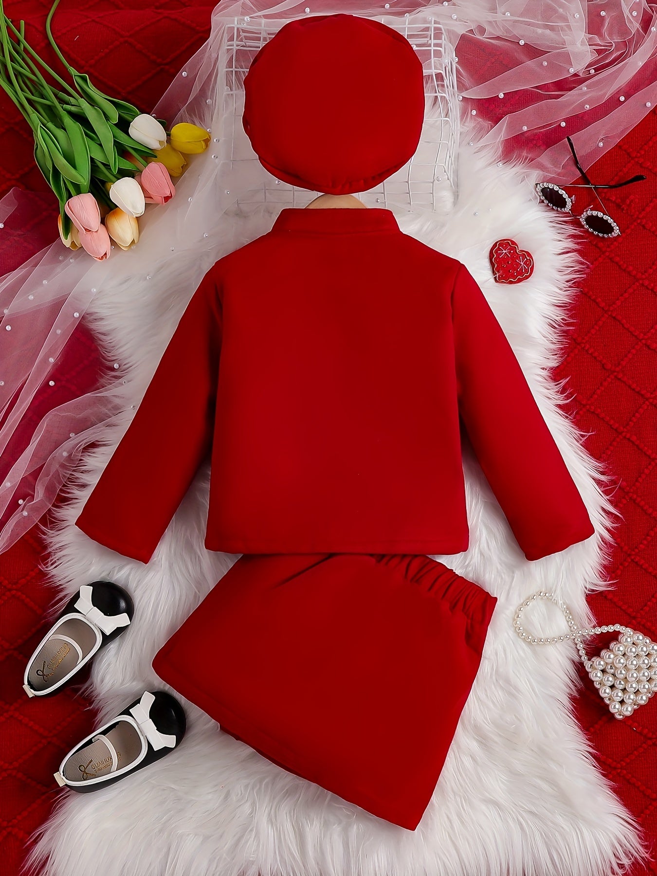 Girls 3pcs Bowknot Coat & Beret & Skirt Set Solid Outfits Kids Clothes