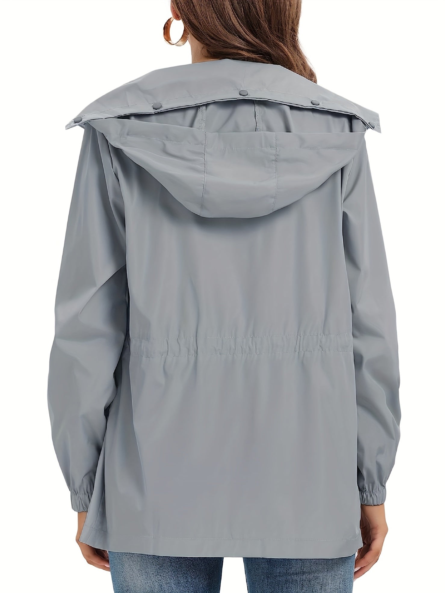 Solid Hooded Rain Jacket Zip Up Long Sleeve Outerwear