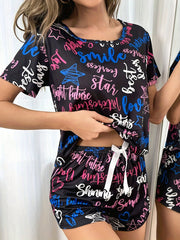 Letter Print Lounge Set Short Sleeve Crew Neck Top & Elastic Waistband Shorts