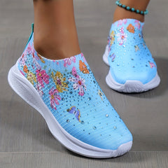 Rhinestone Decor & Flower Pattern Breathable Woven Shoes