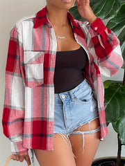 Women's Plus Plaid Print Long Sleeve Button Up Lapel Collar Shirt