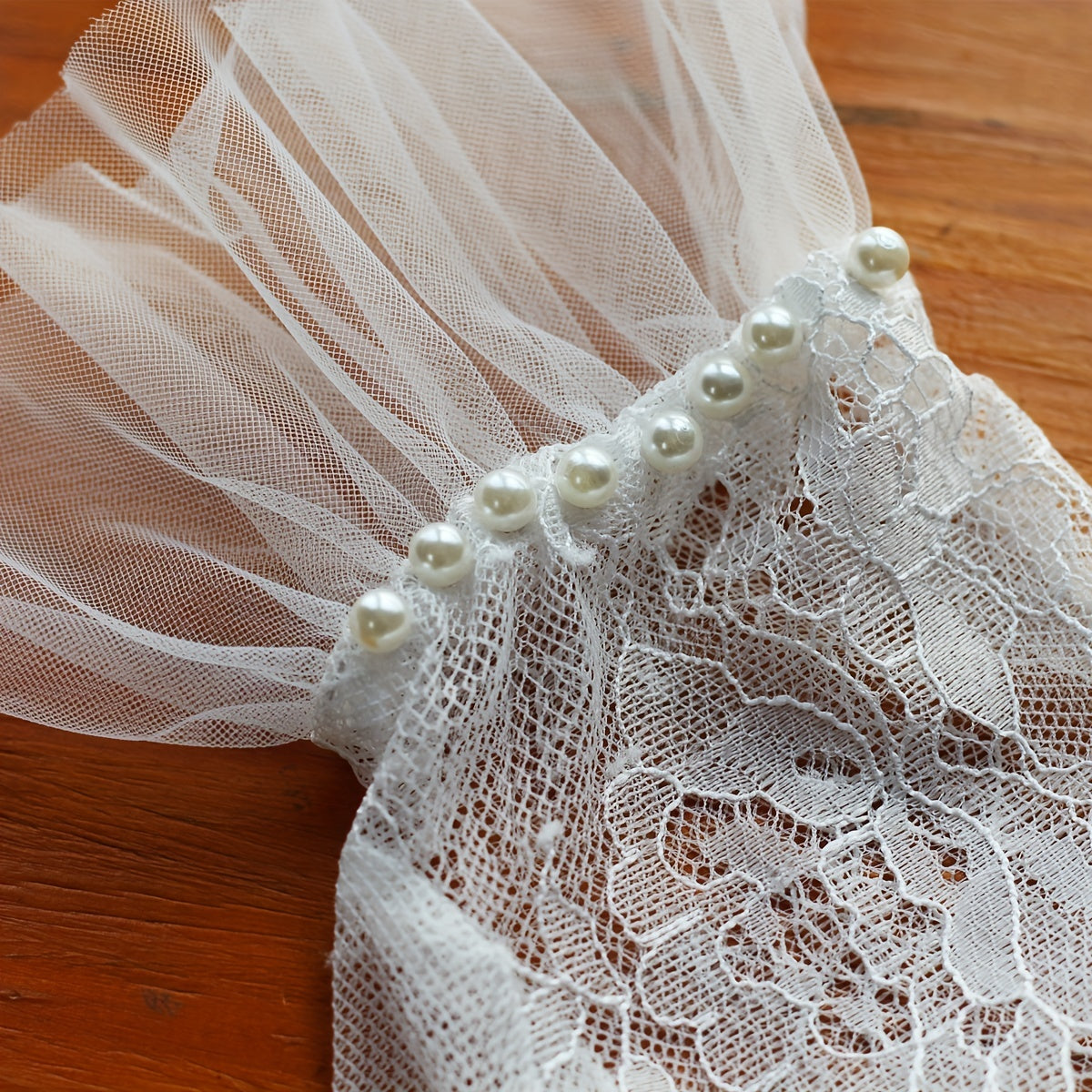 Lace Floral Short Gloves with Faux Pearl Inlay for Women