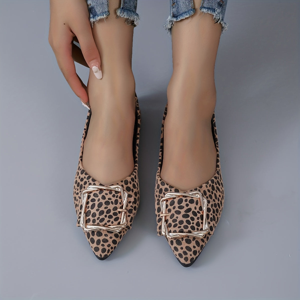 Leopard Print Flats Buckle Pointed Toe Slip On Ballet Flats