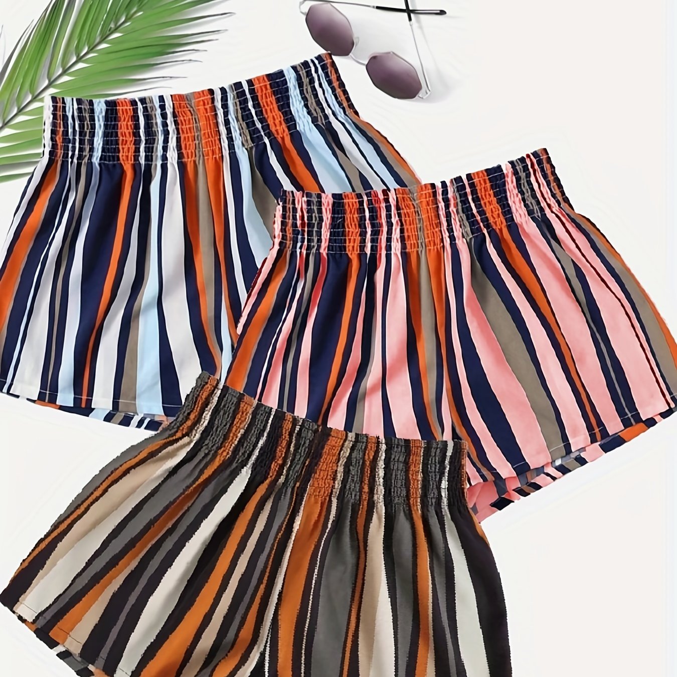 Striped Shorts 3 Pack Shirred Waist Casual Summer Women's Clothing