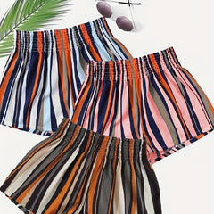 Striped Shorts 3 Pack Shirred Waist Casual Summer Women's Clothing