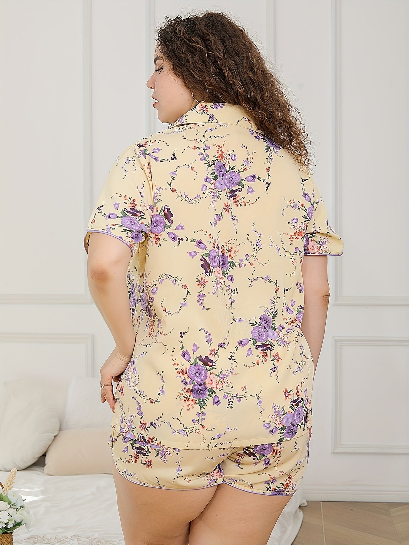 Pajama Set Women's Plus Floral Print Shirt & Shorts Two Piece Set