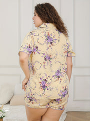 Pajama Set Women's Plus Floral Print Shirt & Shorts Two Piece Set