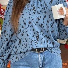 Leopard Print Lantern Sleeve Mock Neck Top