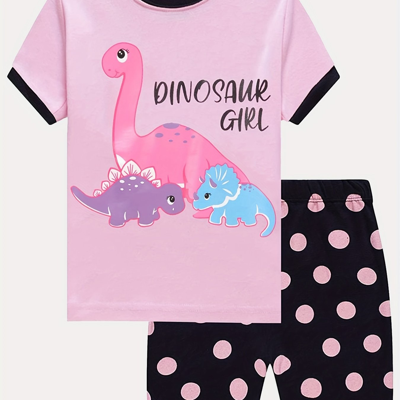 Toddler Girls Dino Pajama Set - T Shirt Top & Polka Dot Shorts