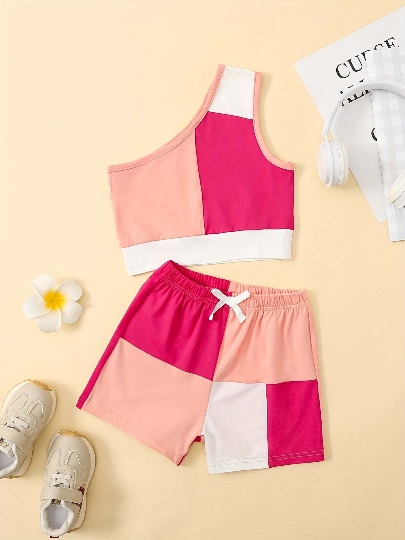 Girls Patchwork One Shoulder Top & Shorts Set For Kids Summer