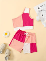 Girls Patchwork One Shoulder Top & Shorts Set For Kids Summer