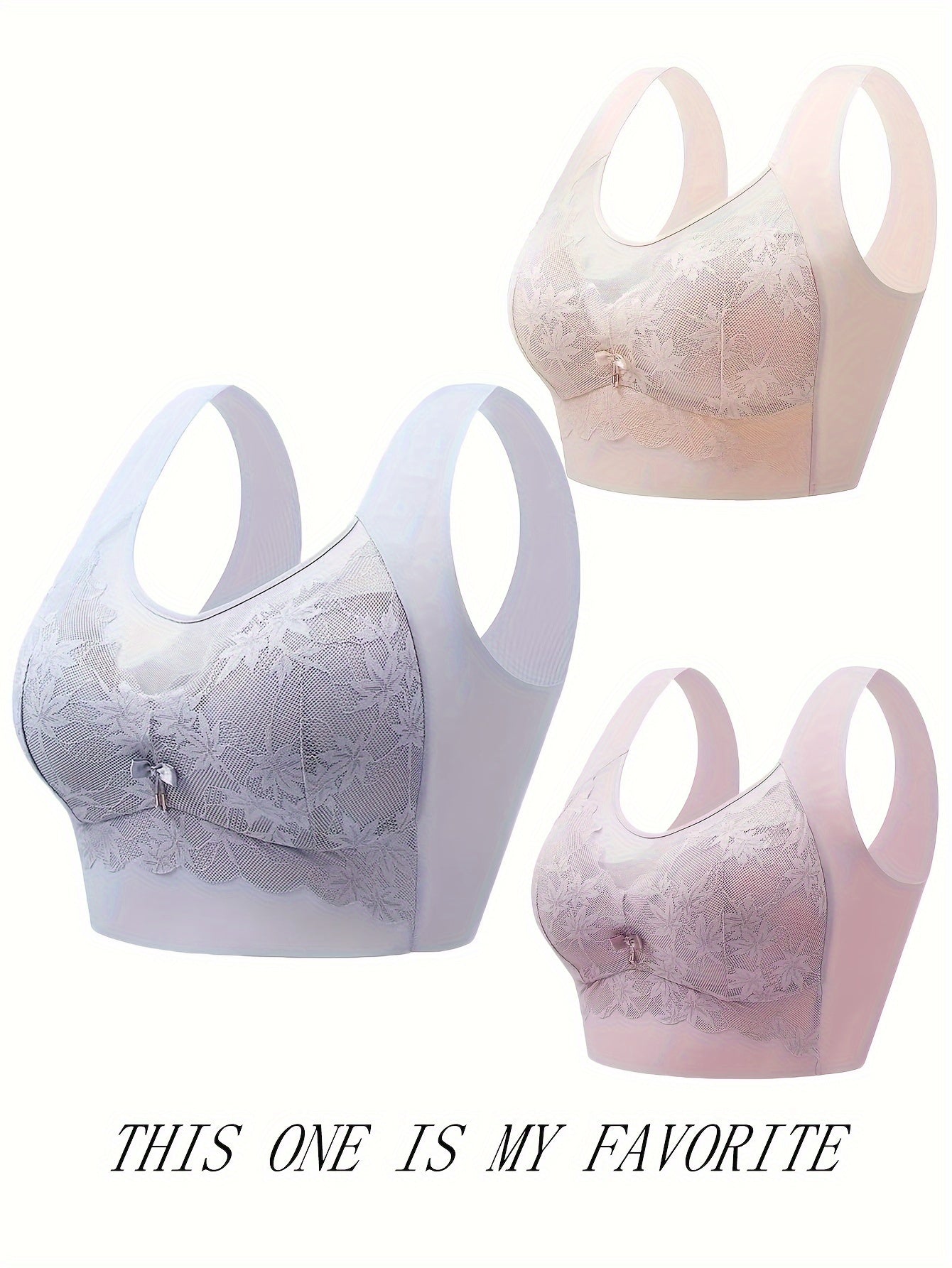 3pcs Lace Wireless Bras Full Coverage Comfortable & Breathable Women's Lingerie