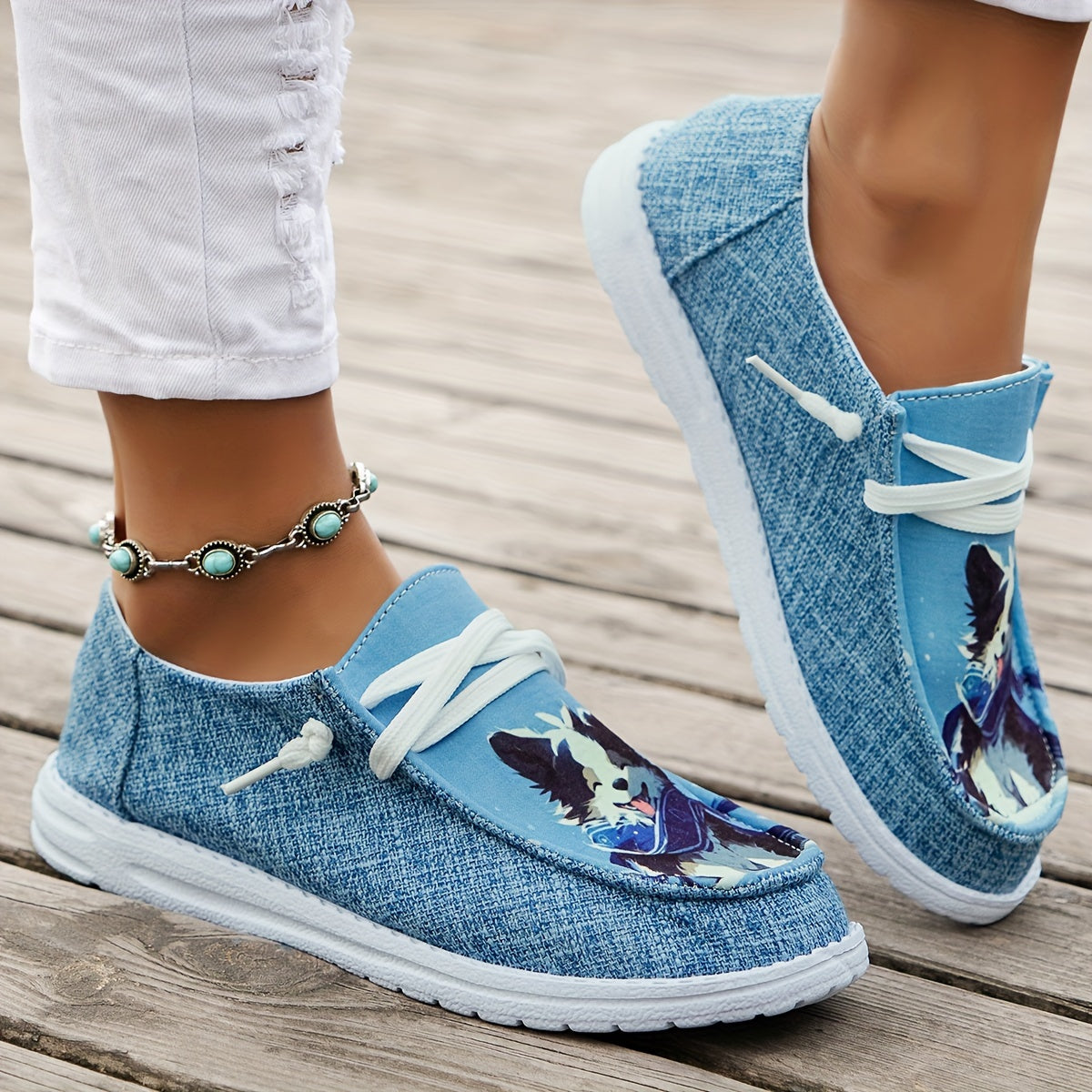Women's Cartoon Dog Pattern Lace-up Casual Sneakers