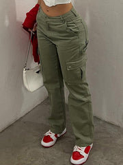 Y2K High Waist Cargo Pants - Solid Slim Fit - Casual Wide Leg