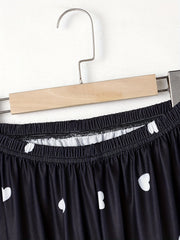 Heart Print Sleep Bottom Loose & Breathable Elastic Waistband Long Pants