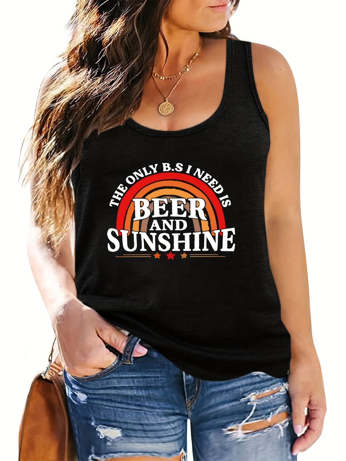 Rainbow Print Tank Top Women's Round Neck Stretch Top
