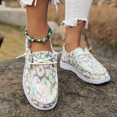 Leopard Print Canvas Lace-Up Flat Shoes Lightweight Slip-On