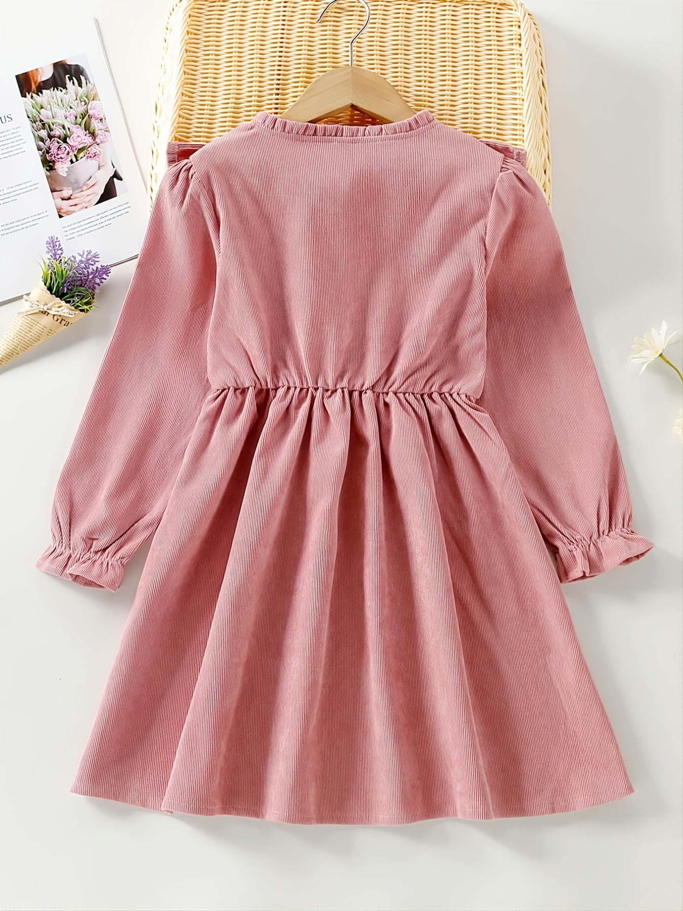 Girls Ruffled Pink Long-sleeved Dress