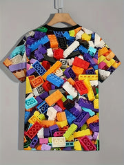 Colorful Building Block 3D Print Boy's T-shirt Round Neck Casual Top