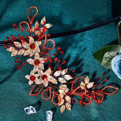 Handwoven Red Rhinestone & Golden Leaf Bridal Hair Accessory