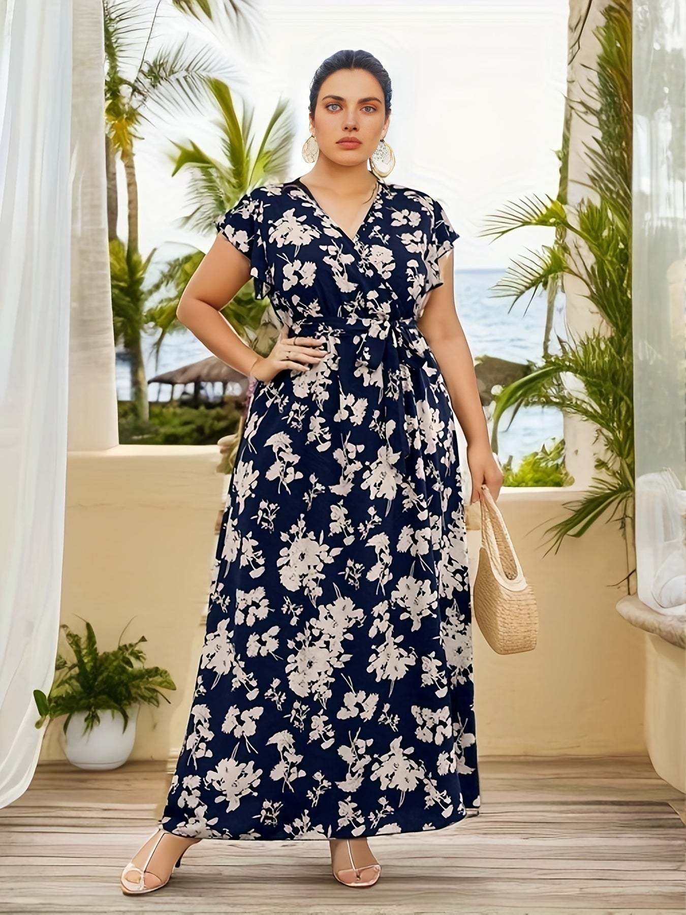 Boho Dress Women's Plus Floral Print Cap Sleeve Maxi Dress