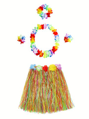 Hawaiian Grass Skirt & Flowers Set for Girls