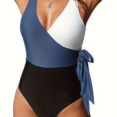 Colorblock Plus Size V Neck One Piece Swimsuit
