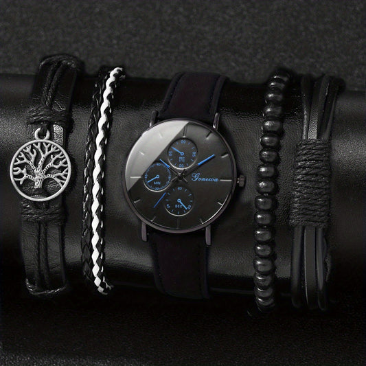 Men's Scale Dial Watch & 4 Bracelets Set - Children's Gift