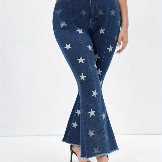 Star Print High Rise Flared Leg Jeans