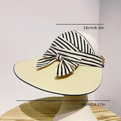 Striped Ponytail Sun Hat Straw Visor Bowknot Beach Hat for Women